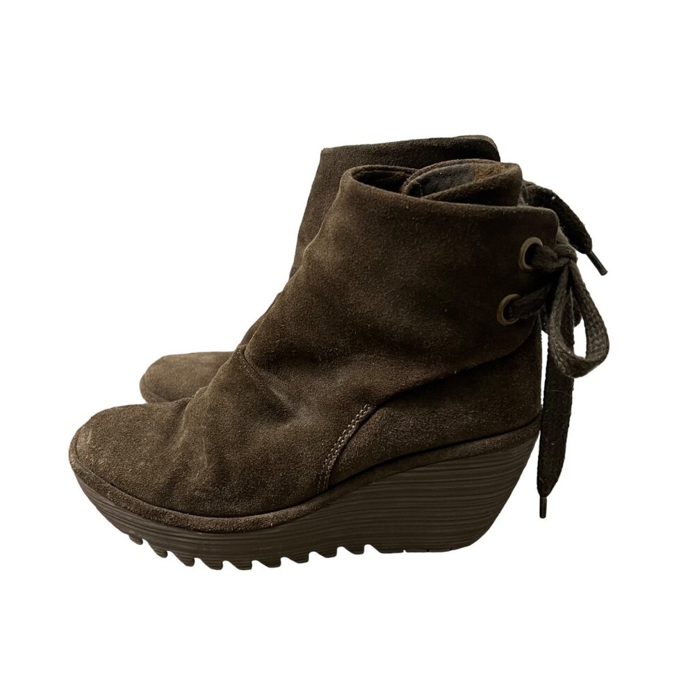 Fly London Olive Green Yama Suede Leather Laced Platform Wedge Bootie Boots 6